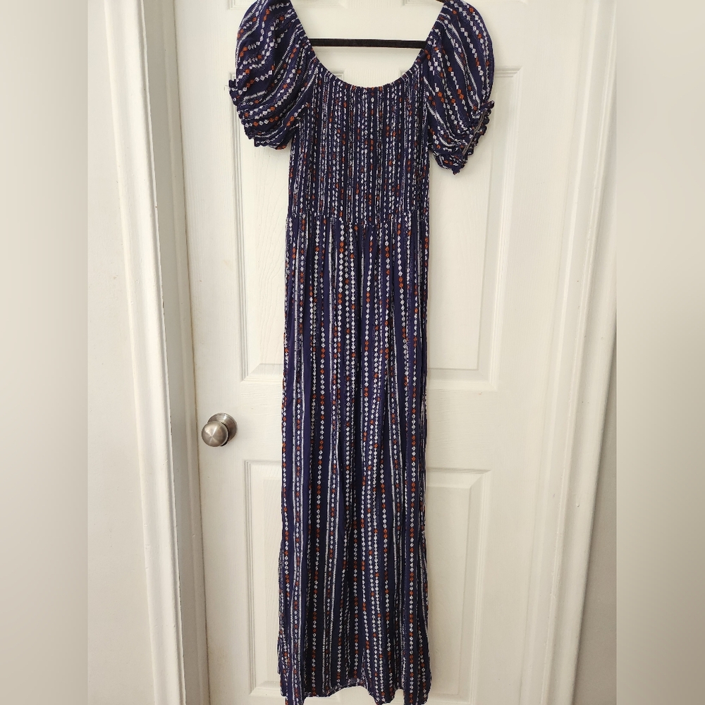 Women's Boho Maxi Dress M Blue Smocked Off Shoulder Puff Sleeve Long Summer - Picture 2 of 7